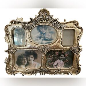 Victorian Style Ornate Multi Photo Frame Gold Tone Heavy 5 Opening